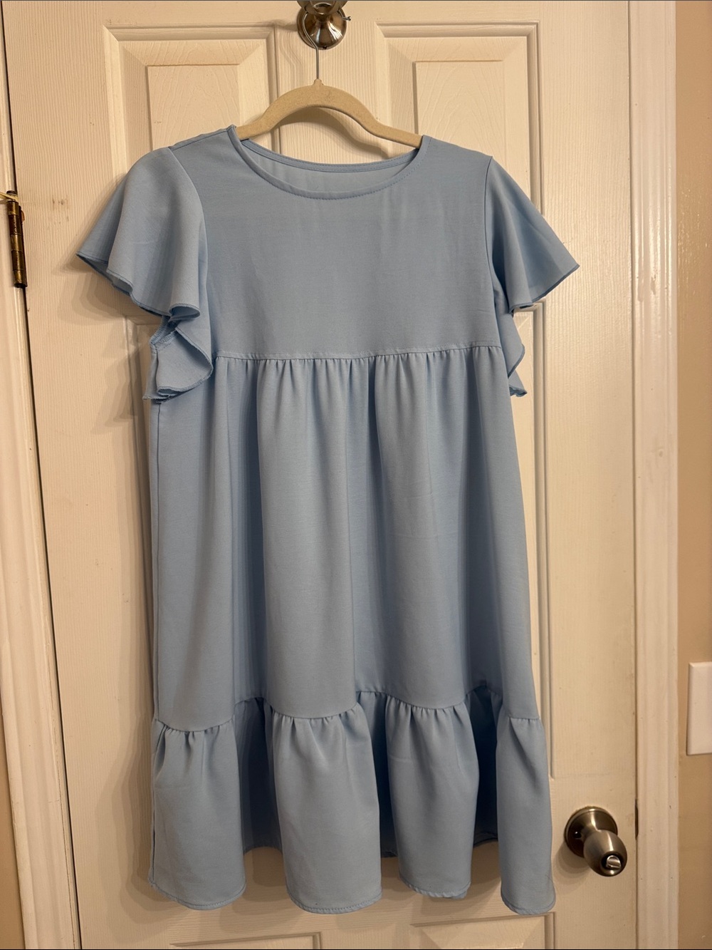 Girls Light Blue Flutter Sleeve Tiered Dress